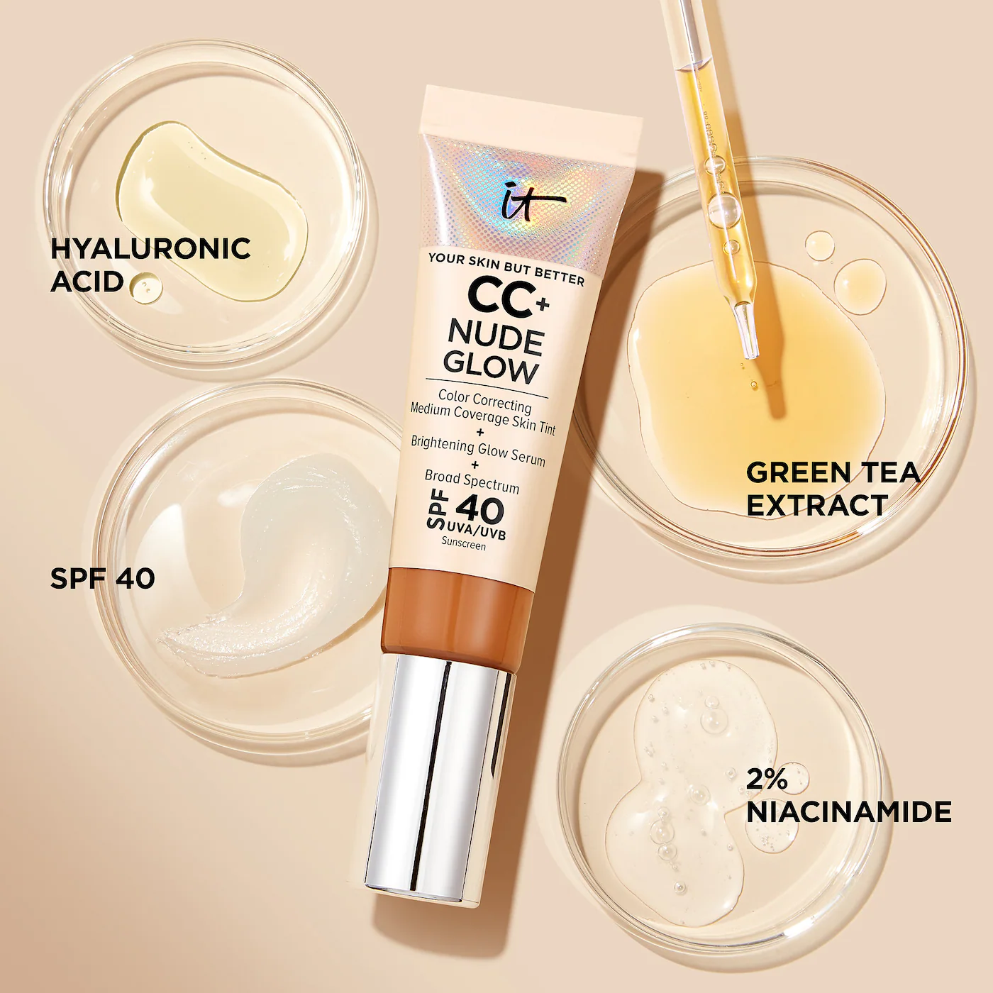 IT COSMETICS CC+ Nude Glow Lightweight Foundation + Glow Serum with SPF 40 and Niacinamide купить в Beauty Storage. Быстрая доставка по России и СНГ.
