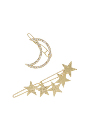 Stars and Moon Set of 2 Hair Barrettes in Gold
