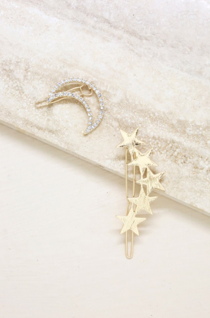 Stars and Moon Set of 2 Hair Barrettes in Gold